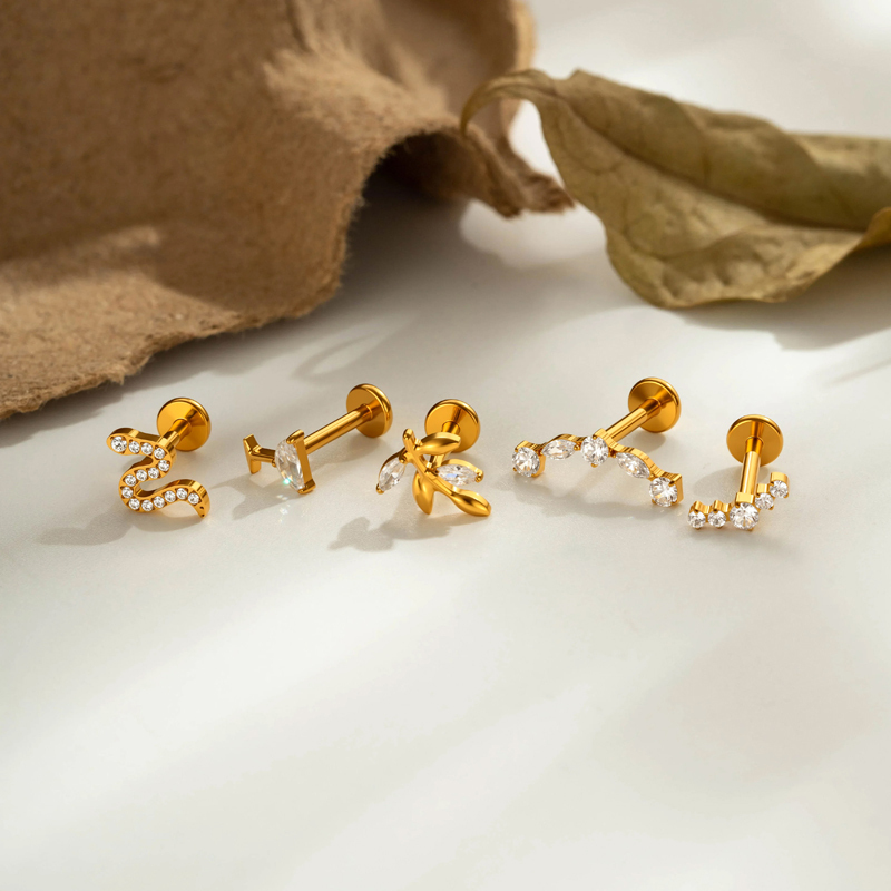 Boucles D'Oreilles Piercing Pour Femme, Modèle Simple Series Leaf Snake, En Alliage De Titane Doré Et Zircon. Image5