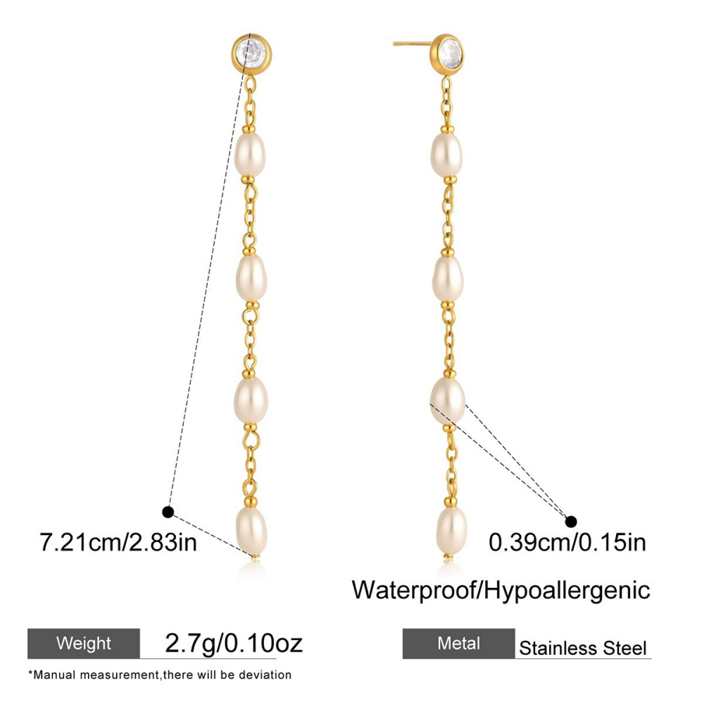 Boucles D'Oreilles Pendantes Élégantes Pour Femme, En Acier Inoxydable, Imperméables, Couleur Or, Avec Zircon Et Perles Artificielles.