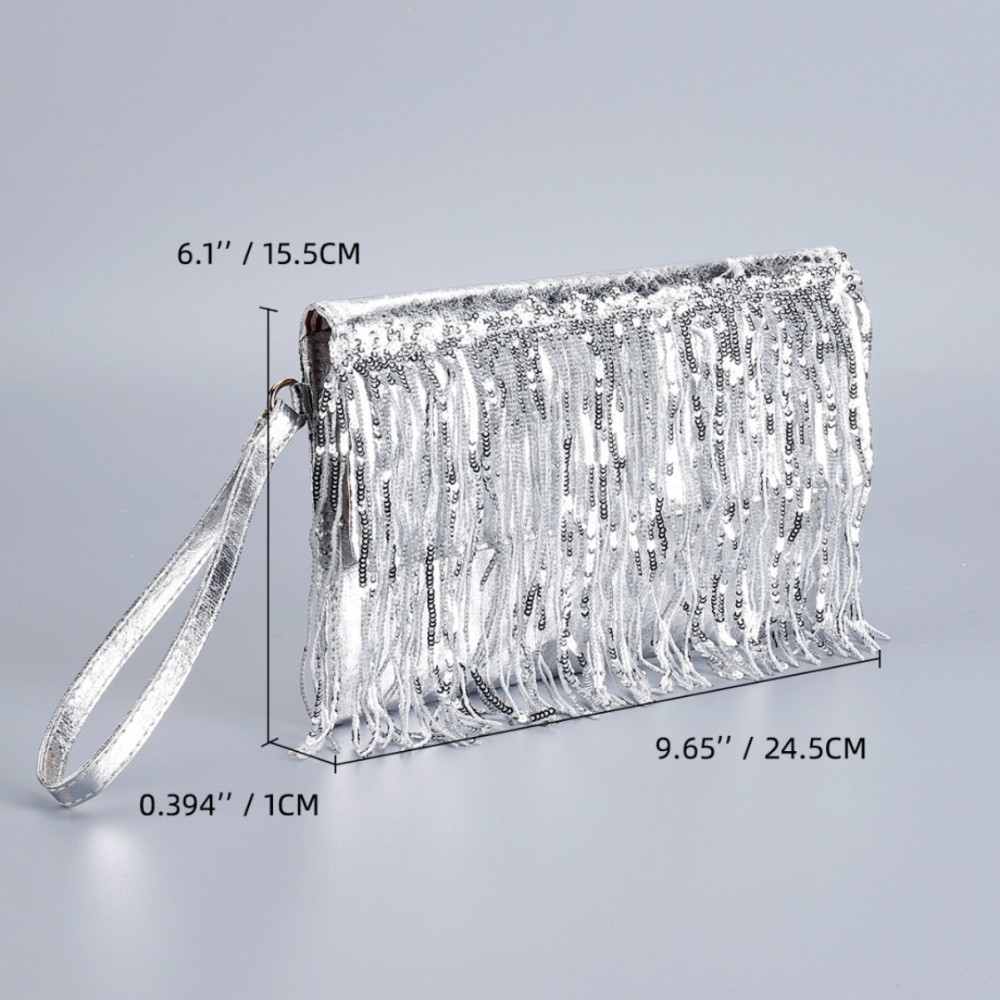 Sac Carré Pour Femme En Pu À Pompons Et Sequins, Couleur Unie, Style Soirée h5Image3