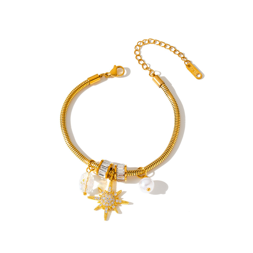 Bracelet À Breloques Pour Femme, Collection Luxueuse, Style Décontracté, Chaîne Soleil, En Acier Inoxydable Étanche, Couleur Or Image5