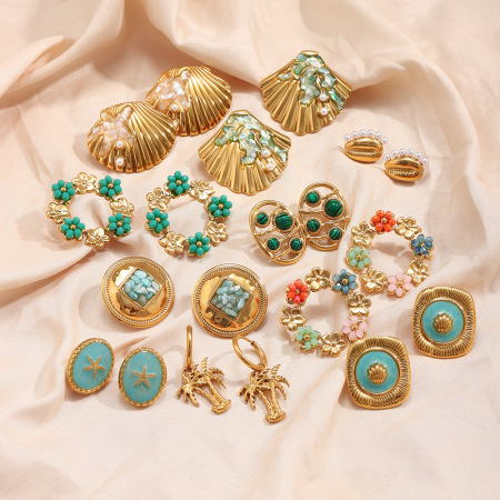 Boucles d'oreilles puces pour femmes, en acier inoxydable doré, forme elliptique, motif fleur douce et coquillage, collection Simple Series.