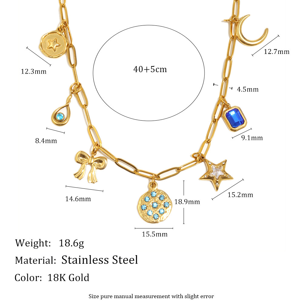 Colliers Pendentifs Pour Femmes En Acier Inoxydable, Ornés D'Un Nœud Papillon, D'Une Étoile Et D'Une Lune, Et De Zircon Doré, Étanches.