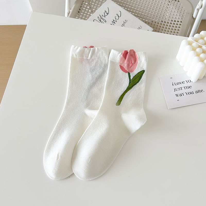 Chaussettes Mi-Mollet À Imprimé Floral Uni, Légèrement Rebondissantes Et Mignonnes. 