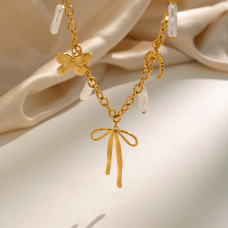 Colliers pendentifs pour femmes avec pendentif papillon en acier inoxydable étanche couleur or et perle 2