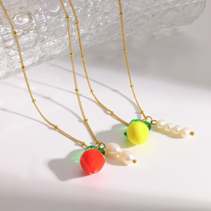 Colliers Pendentifs Pour Femmes En Acier Inoxydable Doré, Imperméables Et Ornés De Perles, Avec Fruits Glacés h5 Image4
