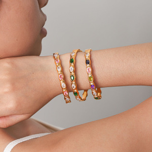 Bracelet Jonc Simple Et Luxueux Pour Femme, En Acier Inoxydable Imperméable, Couleur Or, Forme Elliptique, Orné De Zircon. h5 Image4