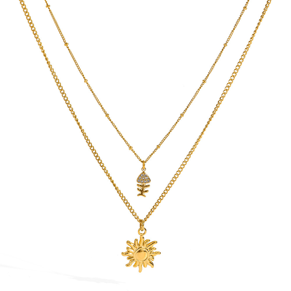 Collier Pendentif Femme Classic Vacation Sun Fish En Acier Inoxydable Étanche Couleur Or Avec Strass Image4