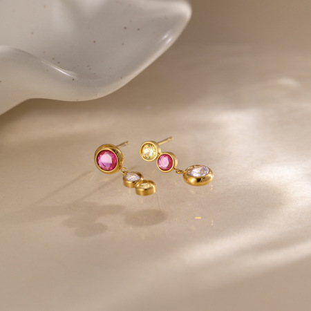 Boucles d'oreilles pendantes pour femmes, en acier inoxydable étanche, couleur or, avec pompon et zircon. 2