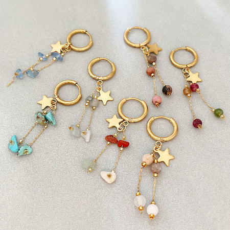 Boucles d'oreilles pendantes pour femme, collection romantique, motif étoile à pompon, en acier inoxydable étanche, couleur or. 2