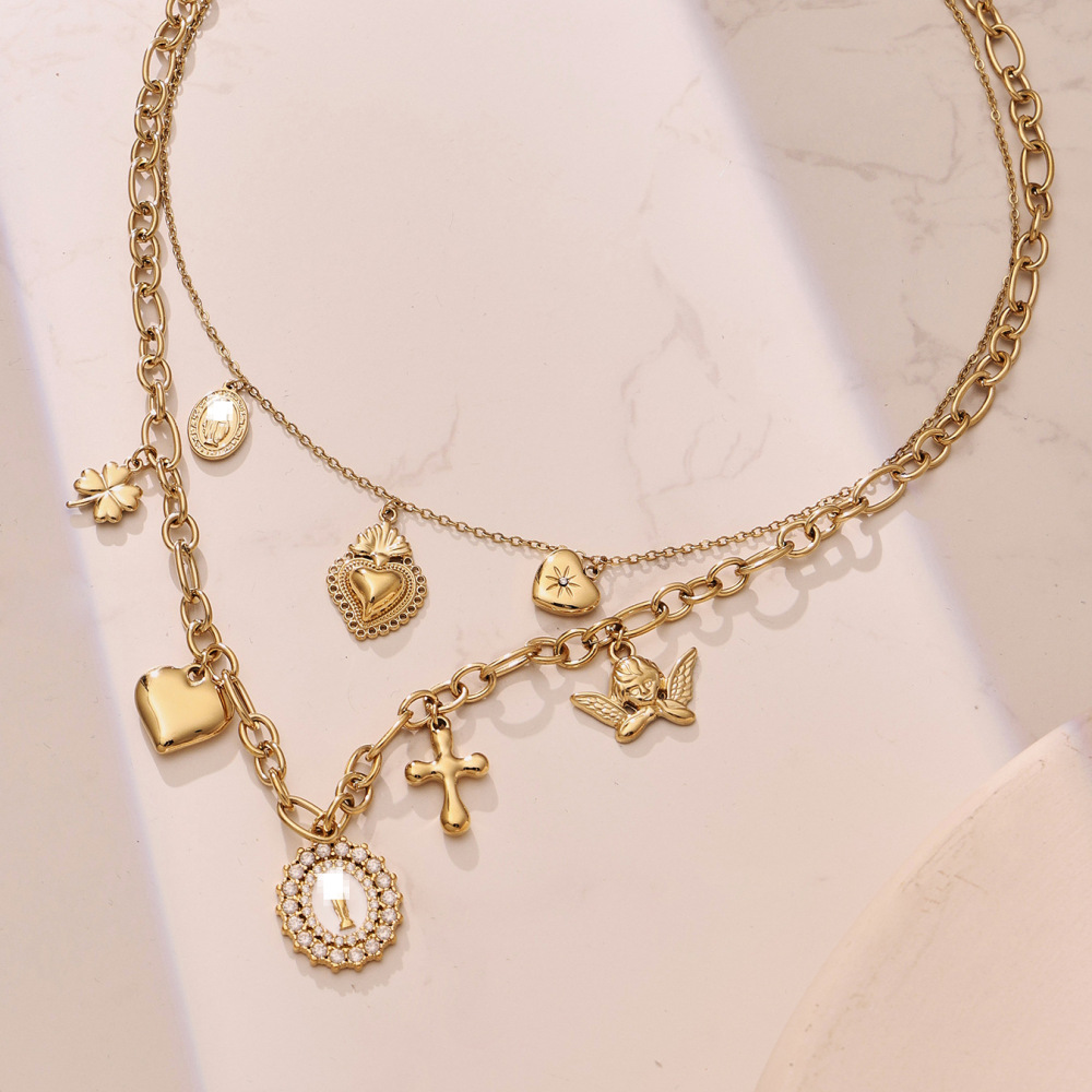 Colliers Pendentifs Pour Femmes De La Luxueuse Série Rétro En Forme De Cœur Et De Croix, En Acier Inoxydable Étanche Et Couleur Or Image3