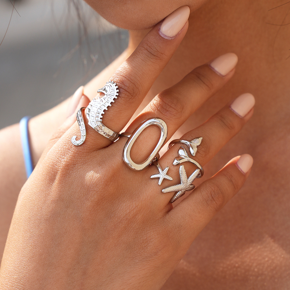 Bague Femme Simple Series Daily, Forme Irrégulière, Poisson Et Étoile De Mer, En Acier Inoxydable Étanche. Image2