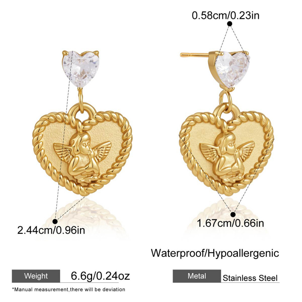 Boucles D'Oreilles Pendantes Pour Femme, Collection Romantique Sweet Heart Angel, En Acier Inoxydable Étanche, Couleur Or Et Zircon. 