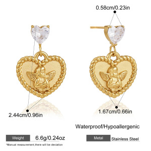 Boucles D'Oreilles Pendantes Pour Femme, Collection Romantique Sweet Heart Angel, En Acier Inoxydable Étanche, Couleur Or Et Zircon. h5 