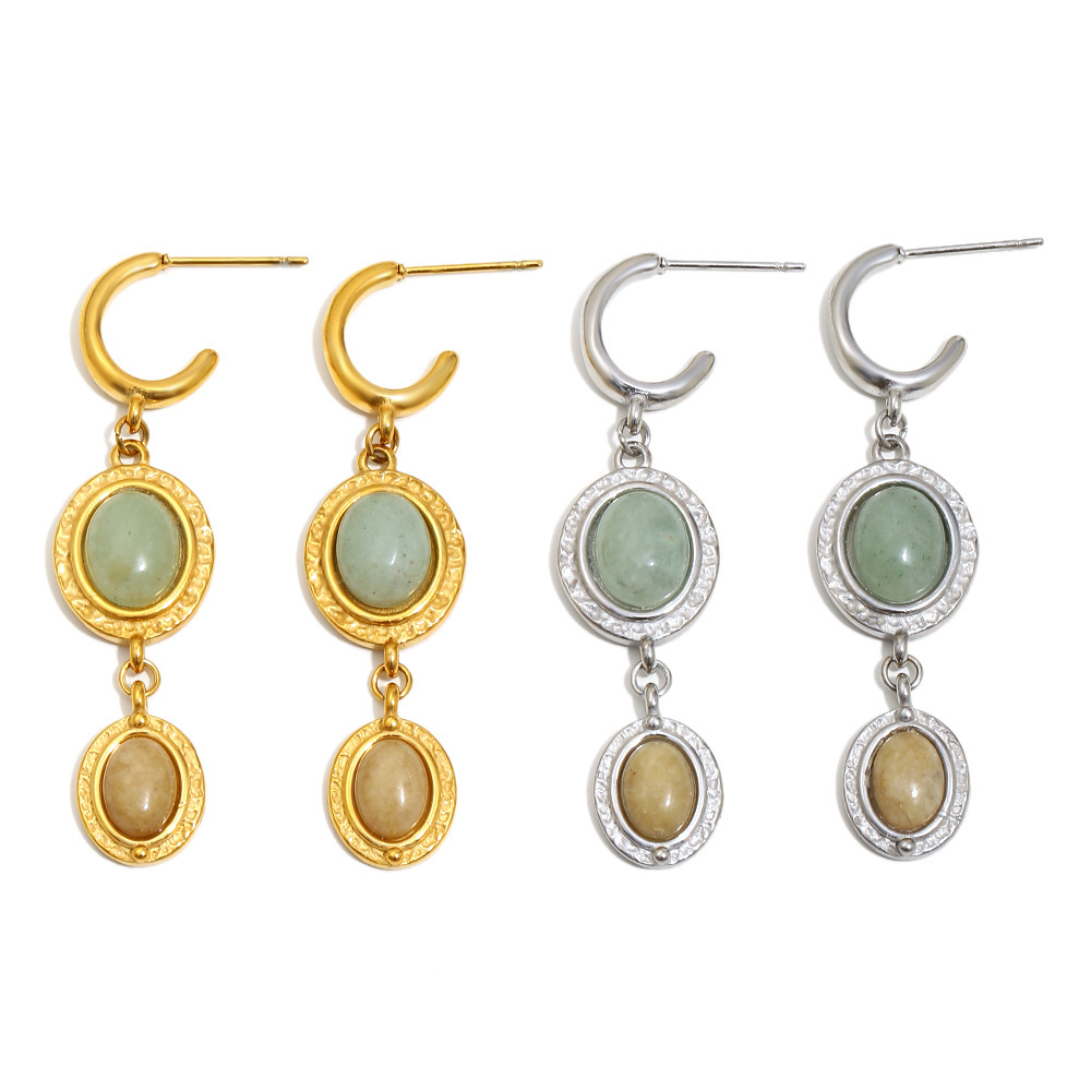 Boucles D'Oreilles Pendantes Pour Femme, Forme Elliptique Patchwork Simple, Acier Inoxydable, Couleur Or, Imperméables, Avec Pierre Naturelle Image4