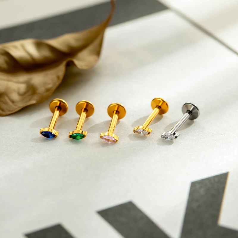 Boucles D'Oreilles Piercing Pour Femme, Forme Elliptique, Alliage De Titane, Couleur Or, Zircon. Image4