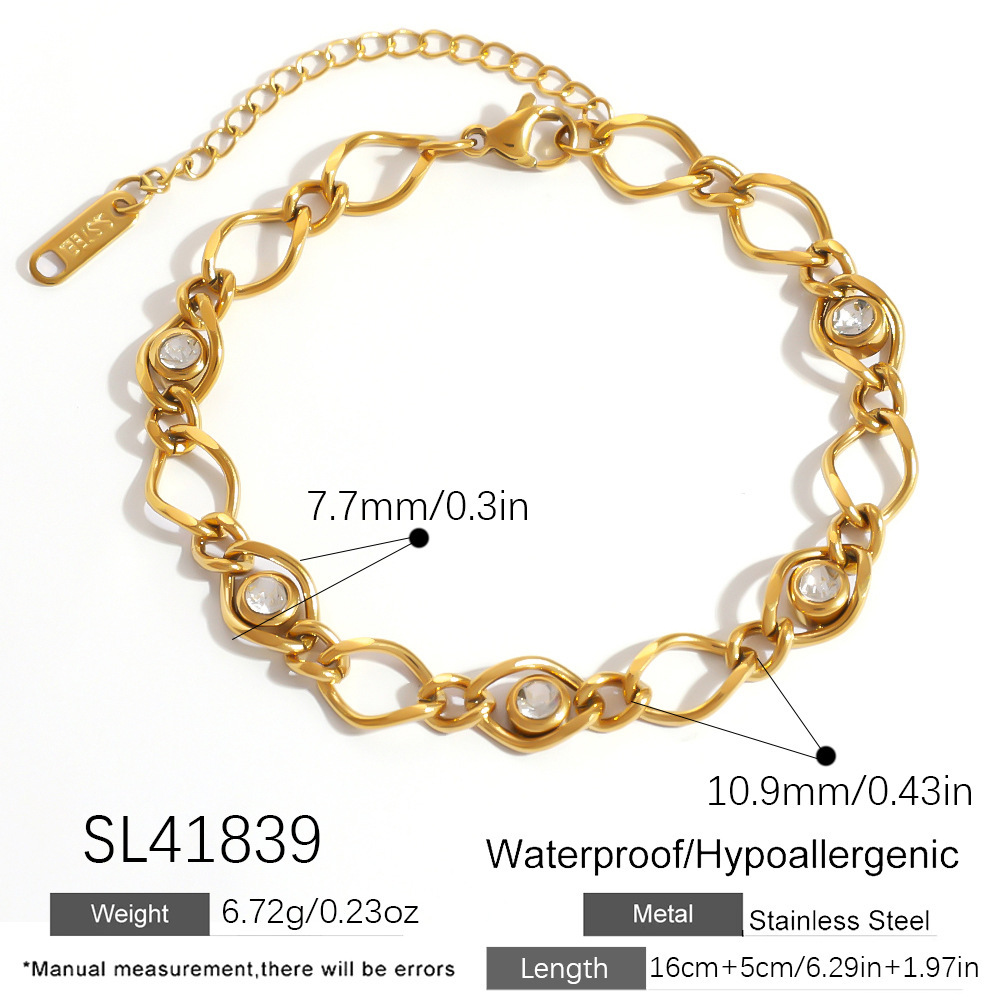 Bracelet Chaîne Femme En Acier Inoxydable Étanche Couleur Or Avec Zircon 