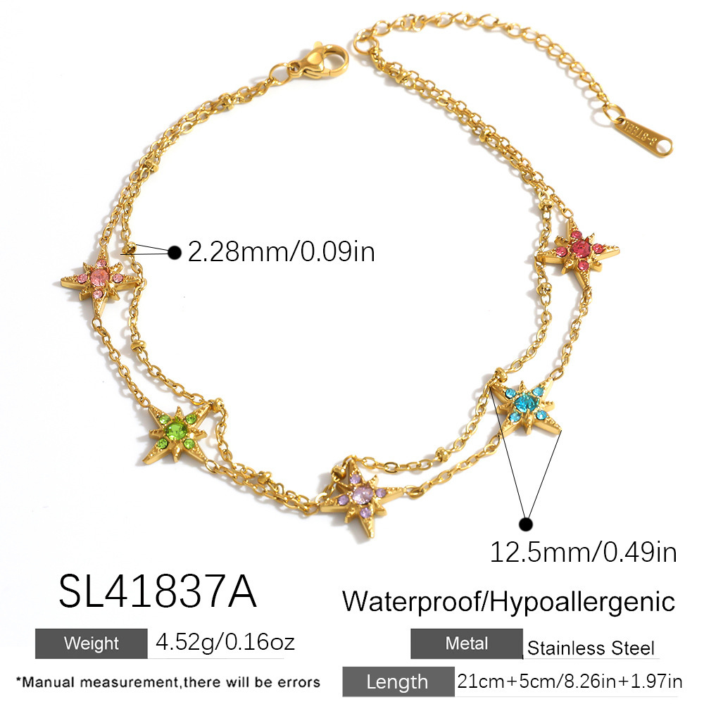 Bracelet Chaîne Femme Simple Star En Acier Inoxydable Étanche Couleur Or Avec Strass 