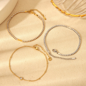 Bracelet De Cheville Luxueux En Acier Inoxydable Imperméable, Forme Géométrique, Couleur Or, Zircon. Collection Quotidienne. h5 Image4