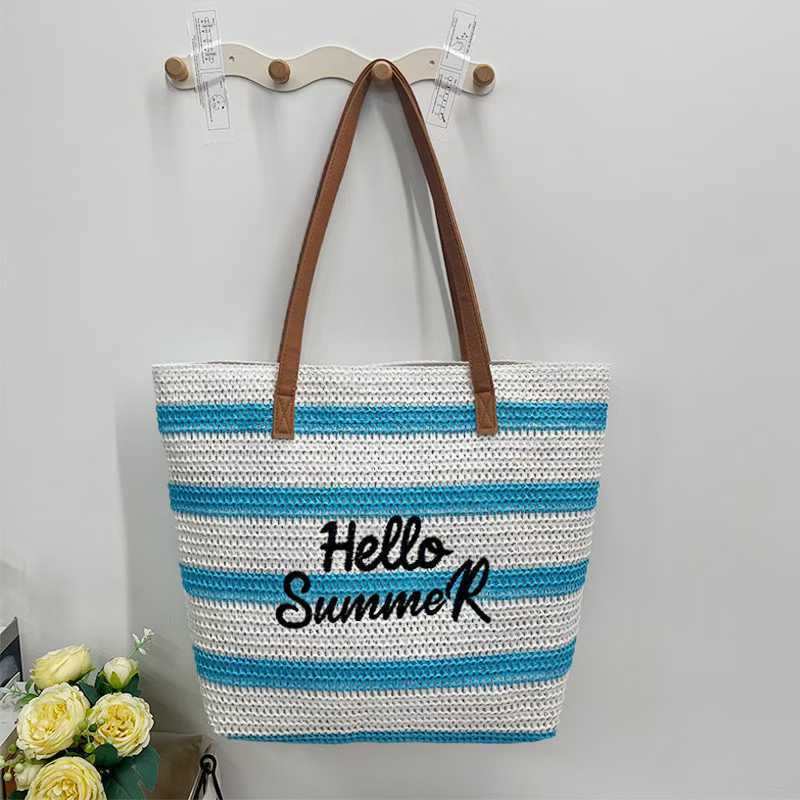 Sac Carré Femme En Raphia Tissé À Rayures Et Lettres Style Vacances 