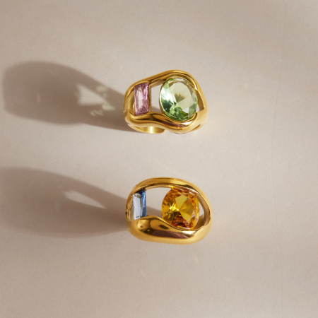 Bagues pour femmes de la luxueuse collection « Rectangle et Ellipse », élégantes, en acier inoxydable, étanches, couleur or, serties de zircon.