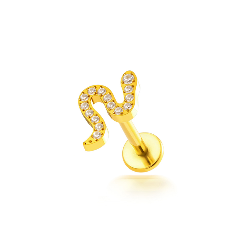 Boucles D'Oreilles Piercing Pour Femme, Modèle Simple Series Leaf Snake, En Alliage De Titane Doré Et Zircon. 