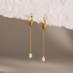 Boucles D'Oreilles Pendantes Pour Femme, Élégantes Et Discrètes, En Acier Inoxydable, Couleur Or, Avec Pompon En Forme De Goutte. Collection Simple. h5 Image4