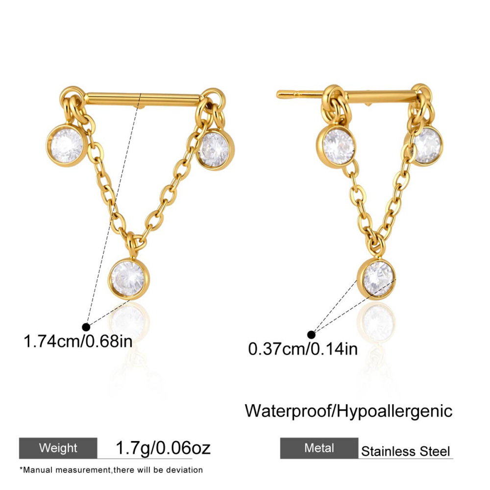 Boucles D'Oreilles Pendantes Pour Femme, Style Décontracté, En Acier Inoxydable, Couleur Or, Avec Zircon Et Chaîne Triangulaire, Étanches. 