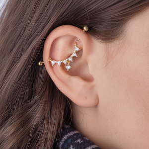 Boucles D'Oreilles Piercing Pour Femmes, Collection Simple, Motif Fleur, Couleur Cuivre Doré Et Zircon. h5 Image7