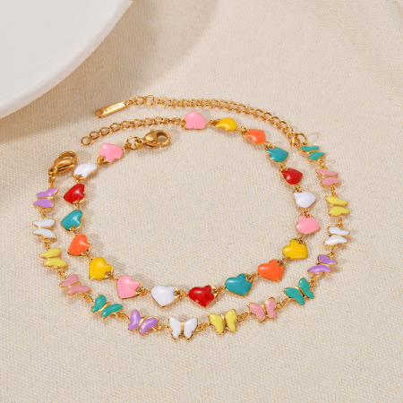 Bracelet chaîne femme en acier inoxydable étanche avec cœur et papillon émaillés, collection romantique
