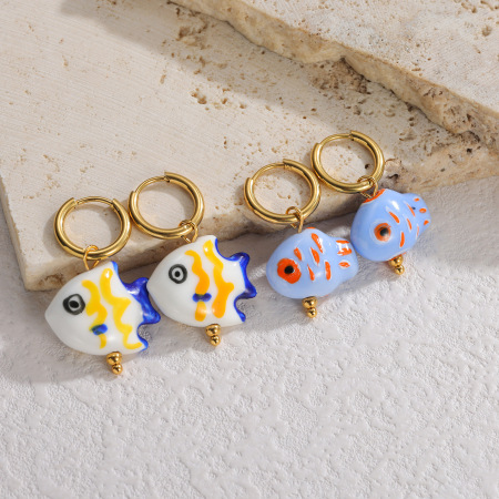Boucles d'oreilles pendantes pour femmes en céramique, motif poisson, style vacances océaniques