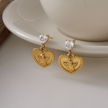 Boucles d'oreilles pendantes pour femme, collection romantique Sweet Heart Angel, en acier inoxydable étanche, couleur or et zircon. 2