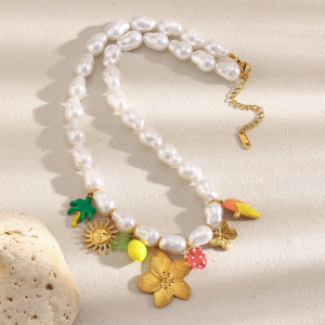Colliers De Perles Artificielles En Acier Inoxydable Avec Motif De Fleurs Et De Fruits, Parfaits Pour Les Vacances h5 Image2