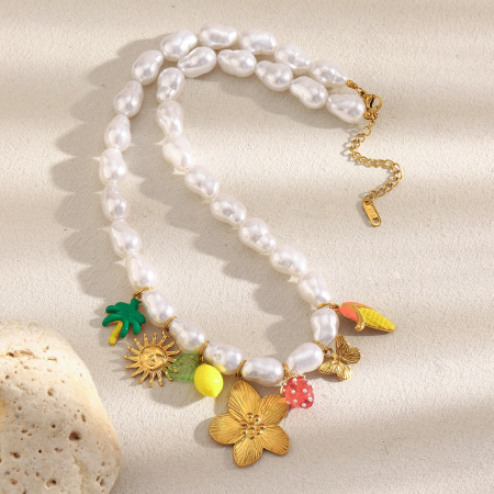 Colliers de perles artificielles en acier inoxydable avec motif de fleurs et de fruits, parfaits pour les vacances 2