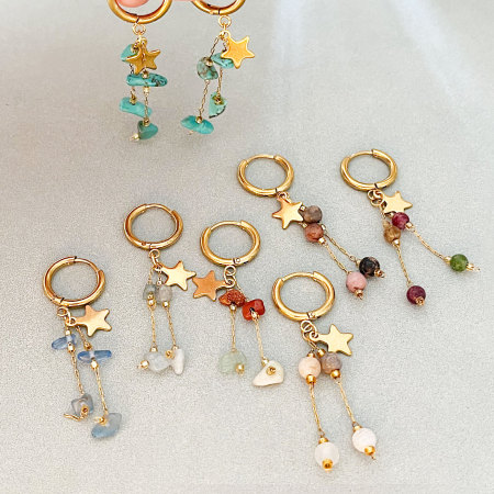 Boucles d'oreilles pendantes pour femme, collection romantique, motif étoile à pompon, en acier inoxydable étanche, couleur or.