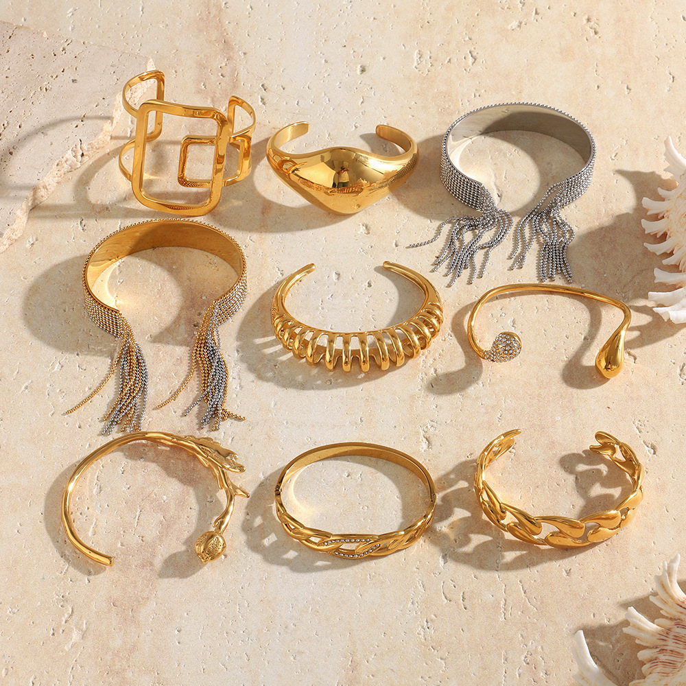 Bracelet Jonc Pour Femme, Collection Luxe Daily Flower, Forme Irrégulière, En Acier Inoxydable, Étanche, Couleur Or Image3