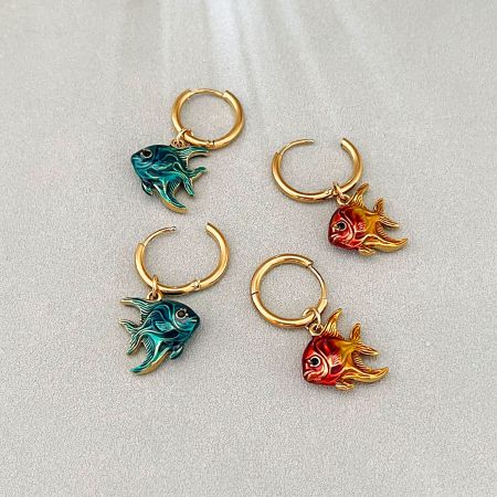 Boucles d'oreilles pendantes rétro en acier inoxydable, couleur or, pour femme, motif poisson 2