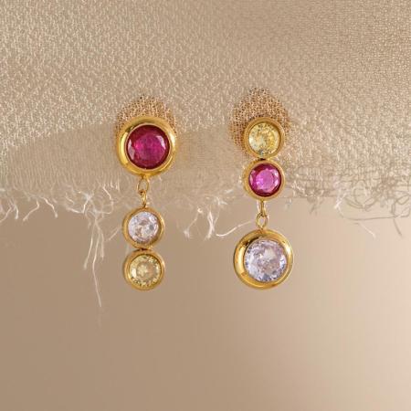 Boucles d'oreilles pendantes pour femmes, en acier inoxydable étanche, couleur or, avec pompon et zircon.