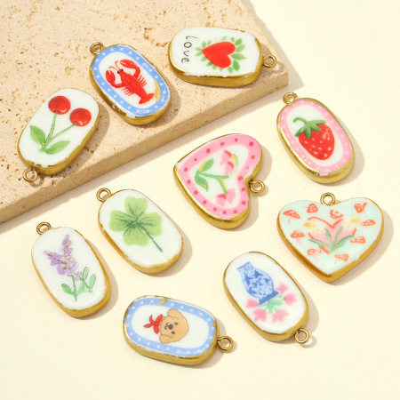 Pendentifs pour femmes en céramique dorée, forme elliptique florale, collection romantique à faire soi-même 2