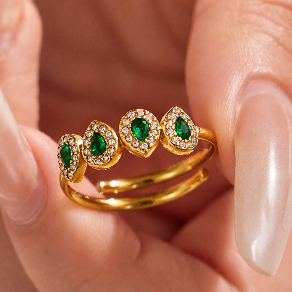 Bagues Pour Femmes En Acier Inoxydable Doré, Étanches, Serties De Zircon Et Ornées D'Une Goutte D'Eau, Collection Luxe Simple Droplet. Image3