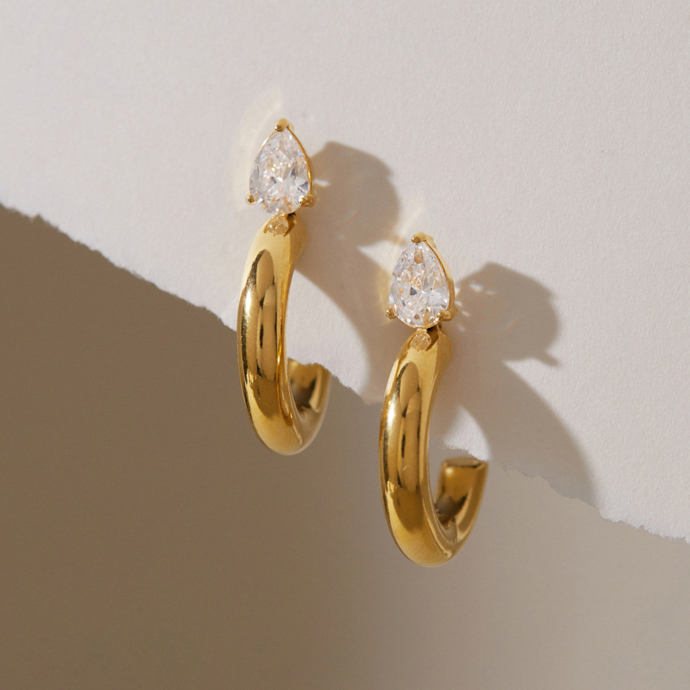 Boucles D'Oreilles Puces Pour Femmes, Collection Simple, Forme Irrégulière Décontractée, Acier Inoxydable, Couleur Or, Zircon, Étanches. Image4