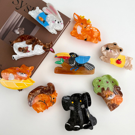 Griffes en acétate de couleur mélangée, motif animaux mignons, série simple