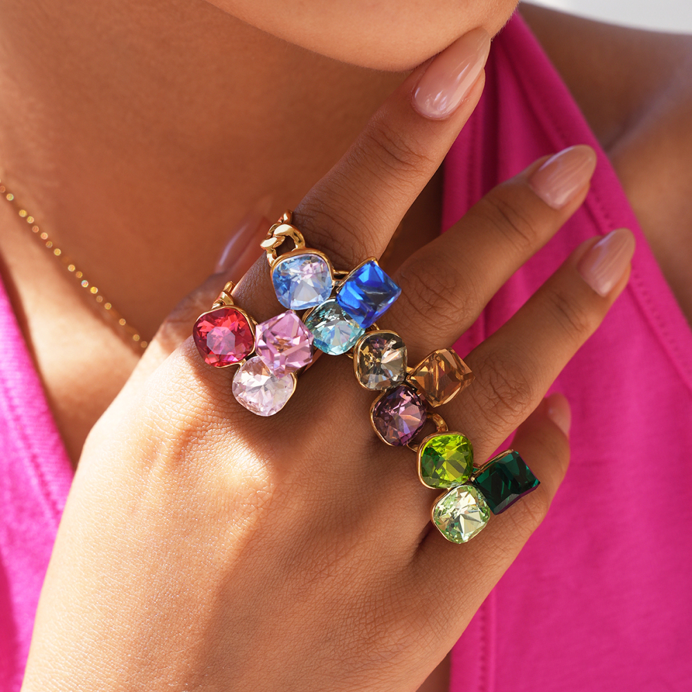 Bague De Luxe En Acier Inoxydable De Forme Irrégulière, Étanche, Couleur Or, Ornée D'Un Cristal Et D'Une Pierre Précieuse. Image2