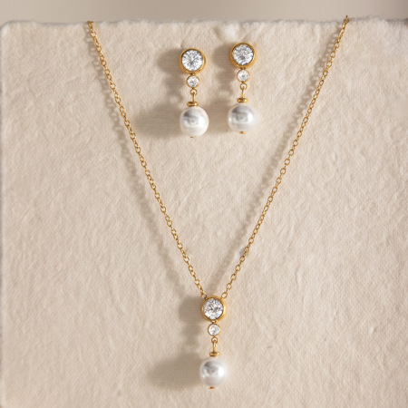 Ensembles de colliers pour femmes en acier inoxydable imperméable couleur or avec zircon et perles artificielles