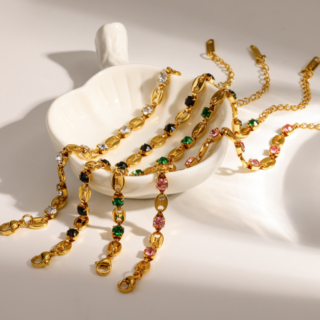 Bracelets à maillons pour femmes en acier inoxydable étanche, couleur or, ornés de strass
