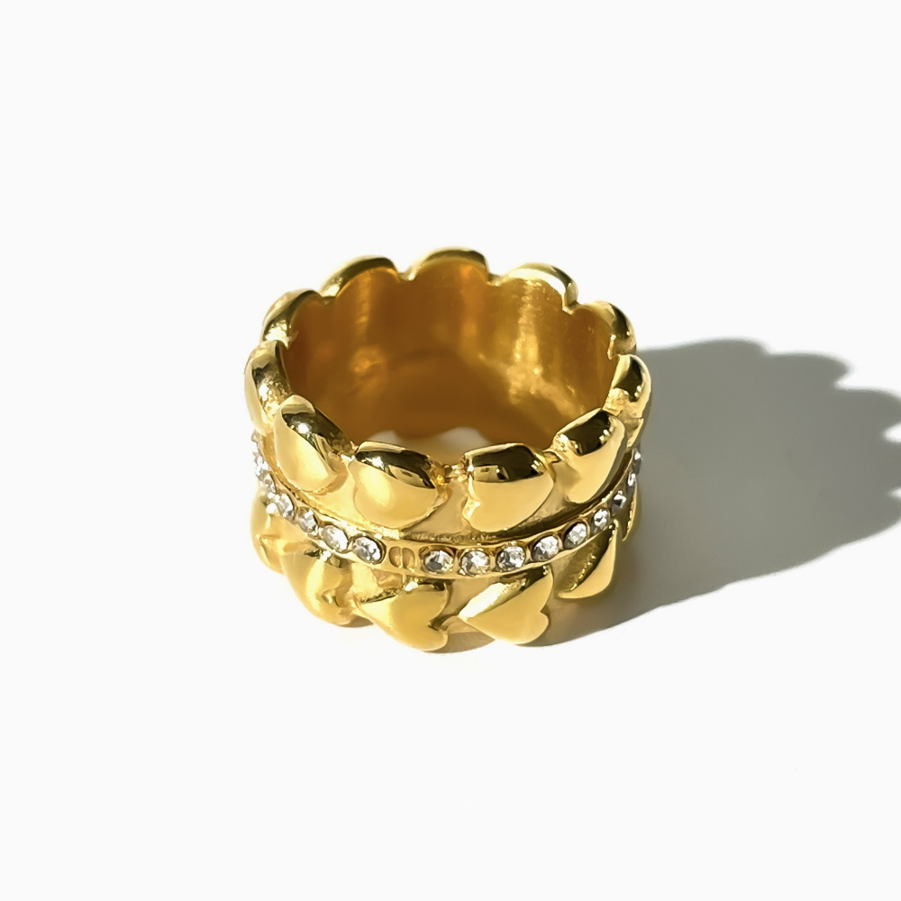 Bagues Tendance Rétro En Acier Inoxydable Doré Avec Strass, En Forme De Cœur. Image3