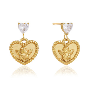 Boucles D'Oreilles Pendantes Pour Femme, Collection Romantique Sweet Heart Angel, En Acier Inoxydable Étanche, Couleur Or Et Zircon. h5 Image6