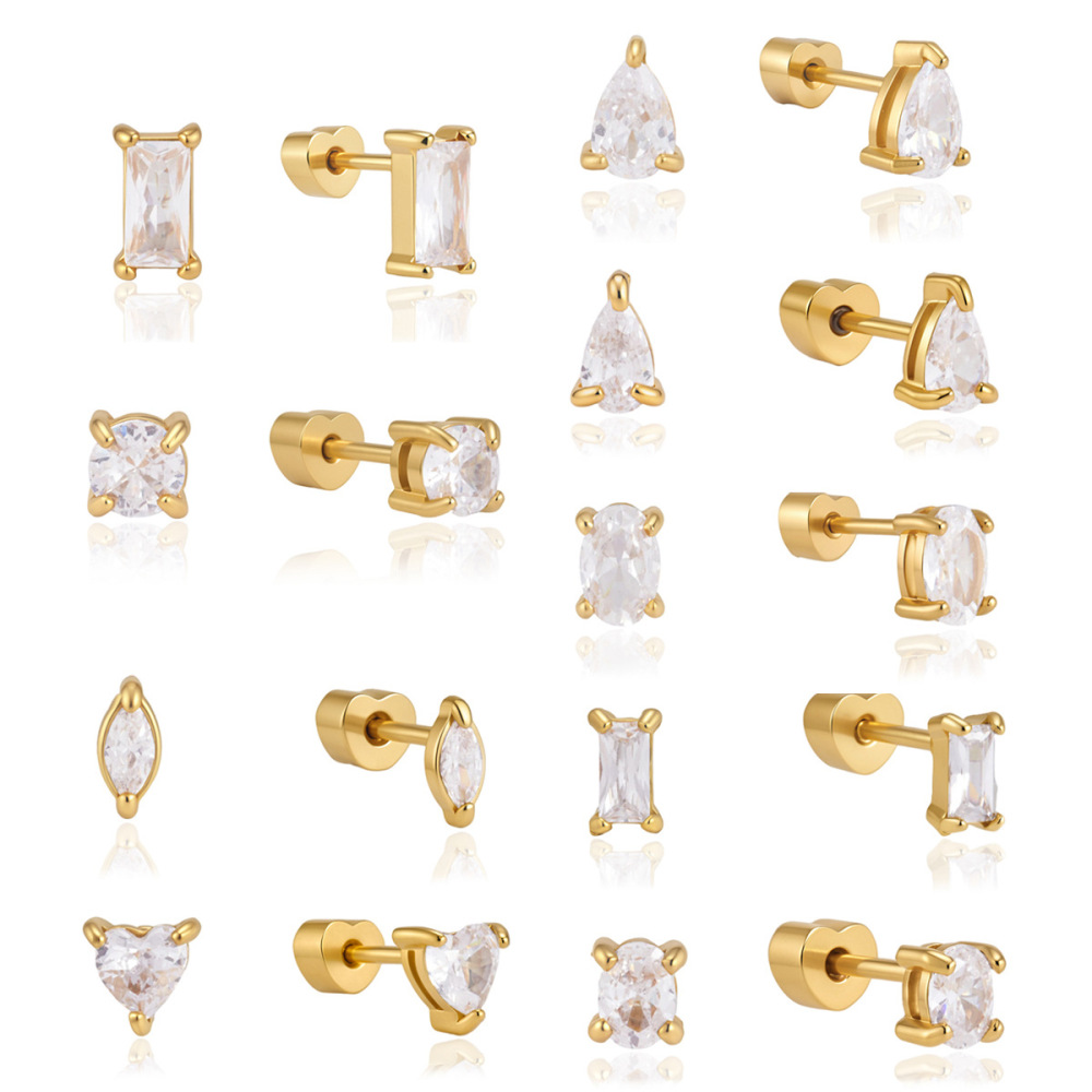 Boucles D'Oreilles Pour Femmes En Acier Inoxydable Imperméable, Forme Géométrique Simple, Couleur Or, Zircon. Image6