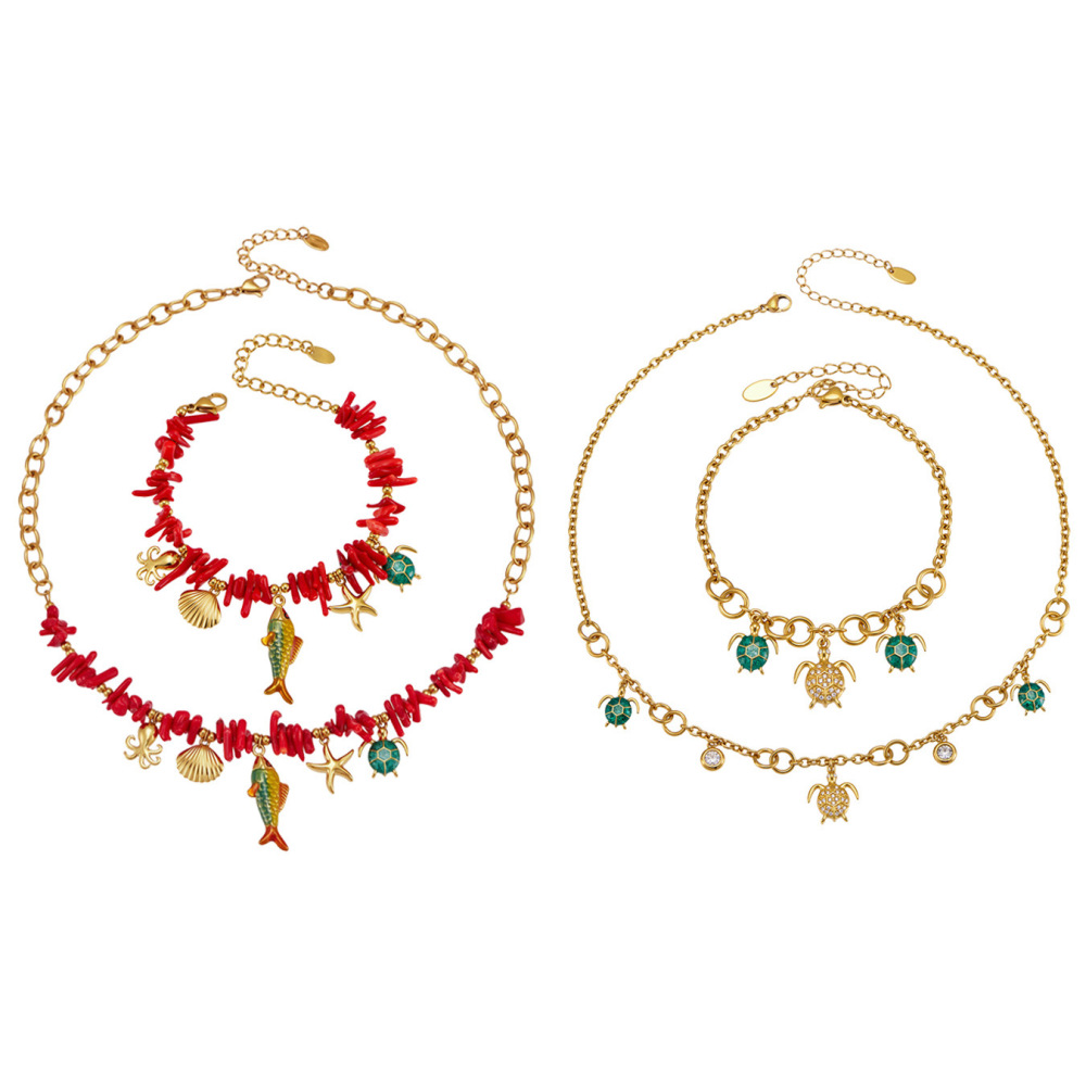 Ensembles De Colliers Pour Femmes En Acier Inoxydable Doré, Style Océanique, Corail, Étanches, Motif Vacances Image4