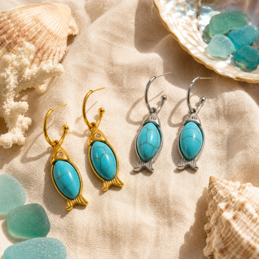 Boucles D'Oreilles Pendantes Pour Femme, Style Rétro, En Acier Inoxydable, Couleur Or, Avec Pierre Naturelle, Style Poisson, Série Simple. Image4