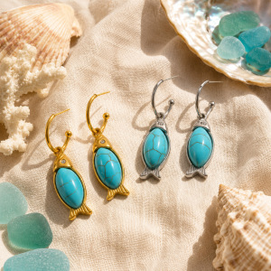 Boucles D'Oreilles Pendantes Pour Femme, Style Rétro, En Acier Inoxydable, Couleur Or, Avec Pierre Naturelle, Style Poisson, Série Simple. h5 Image4